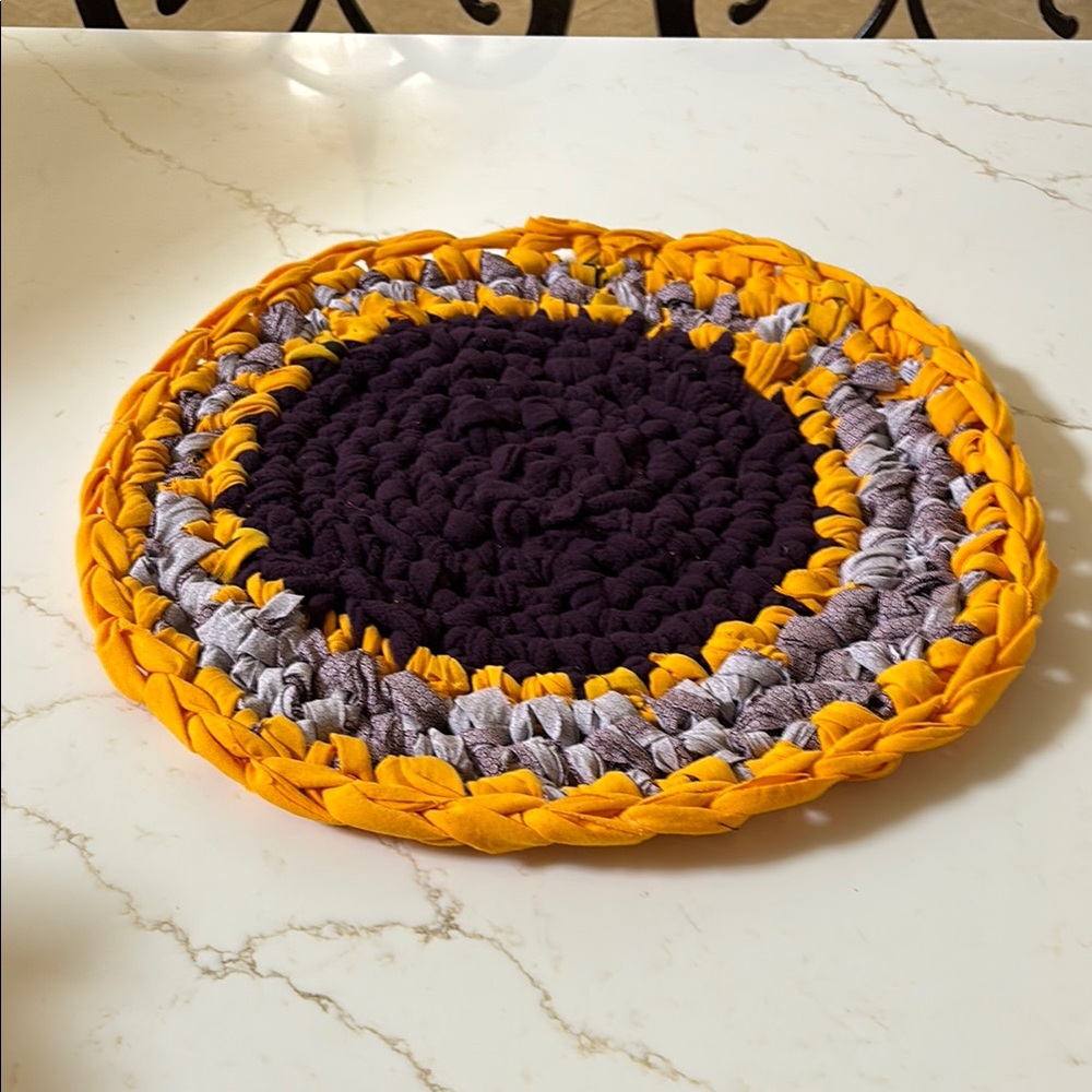 Handmade Round Trivet with Yellow and Purple